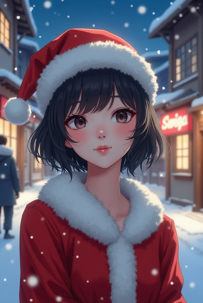 a 25 years old japanese girl, detailed cutie face, Beautiful, evenly balanced, detailed eyes, detailed dropped eyes, beautiful charming smile, extremely detailed face,slender body,short hair, (Santa Claus costume：2.0),snowly night town