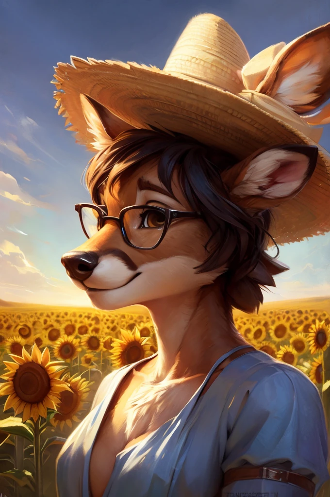 uploaded on e621, artstation, by Pixelsketcher, by Bayard Wu, by Thomas Benjamin Kennington , by Einshelm, by hioshiru and kenket, Chunie, portrait, solo anthro female deer doe, with small featureless breasts, clear dark blue, cinematic lighting, day, sunny day, sunflower field, stands in a high sunflower field, sunflower field background, sunflowers, mediterranean background, horizon background, shiny, chin short curly dark brown hair, wears big black nerd glasses, very very beautiful furry art, furry art, smiling, joyful, shiny, happy, feminine, cute face, muzzle, fluffy chest, flawless face, Fallow deer, 1girl, Sakimichan is beautiful, Masterpiece, Wavethesallow Face, shiny, Detailed image, portrait, Detailed image, portrait, full body, wears pure white and wide spaghetti straps dress, wears big and wide beige summer straw hat, shiny, realistic face, perfect anatomy, hourglass body, (furry body:1.1), anthropomorphic deer, detailed background, (cute anatomy:1.1), walks in a sunflower field