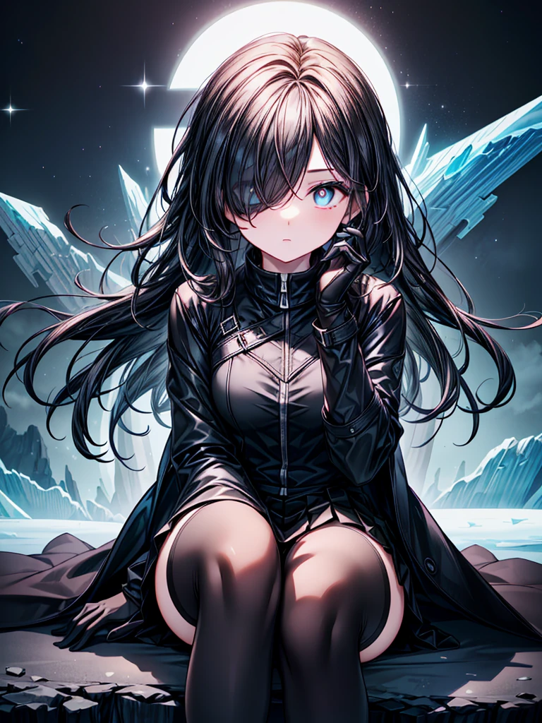 ((spread legs, sitting)),((Celestial Glacier)),((masterpiece)),((Highest quality)),((black micro mini length skirt)),((face waiting for kiss)),((alone)),((Deep blue pupils)),((sparkling eyes)),(Beautiful Blue Eyes),((Wearing a black coat)),(((Wearing black tights))),(Slim body),((length, Shiny black hair)),((Her left eye is completely hidden by her bangs)),((Her hair is parted, and you can see her eyes through it)),((Wearing black gloves)),((hair over one eye,long hair)),((Complex background)),((Hair blowing in the wind))