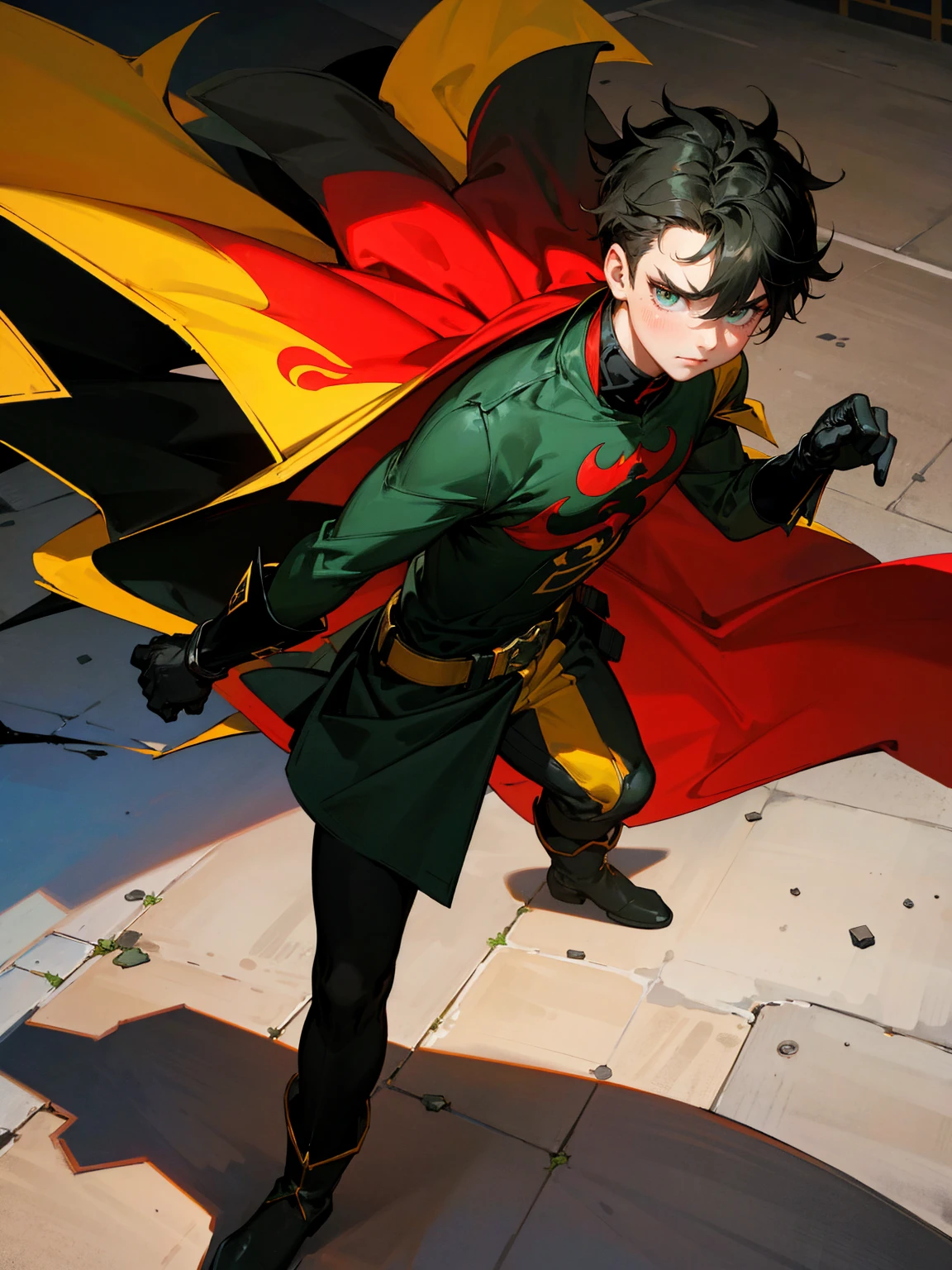 1male , Young Male , Red and Yellow T-Shirt with black fitted long sleeves under , Black Gloves, Green Boots , Robin Symbol on Shirt , Black and Cape , Black Hero mask , Messy Hair , Serious Expression , Standing on sidewalk