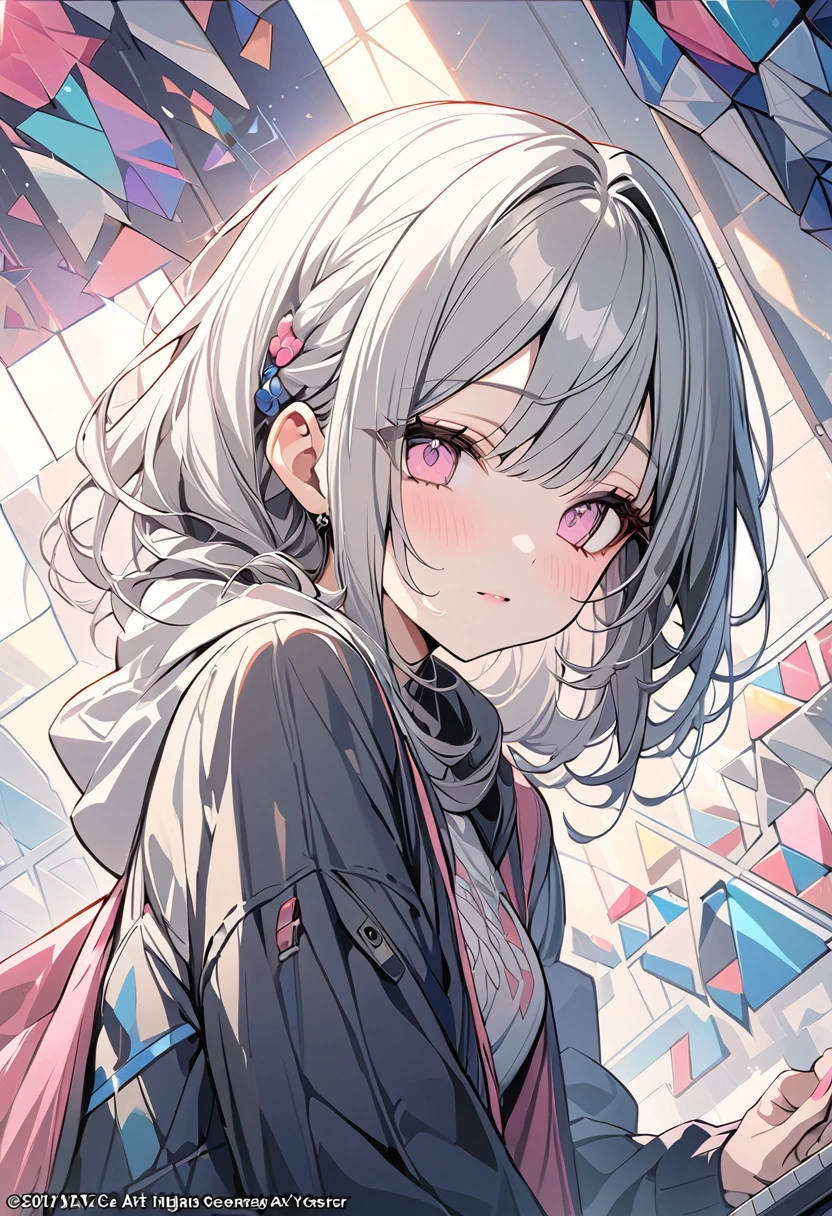 ,beautiful flower々),Gray Hair、Pink Eyes、 (masterpiece, Highest quality), Official Art, beautifully、aesthetic: 1.2), (1 girl), Very detailed, (Geometry Art: 1.3), colorful
