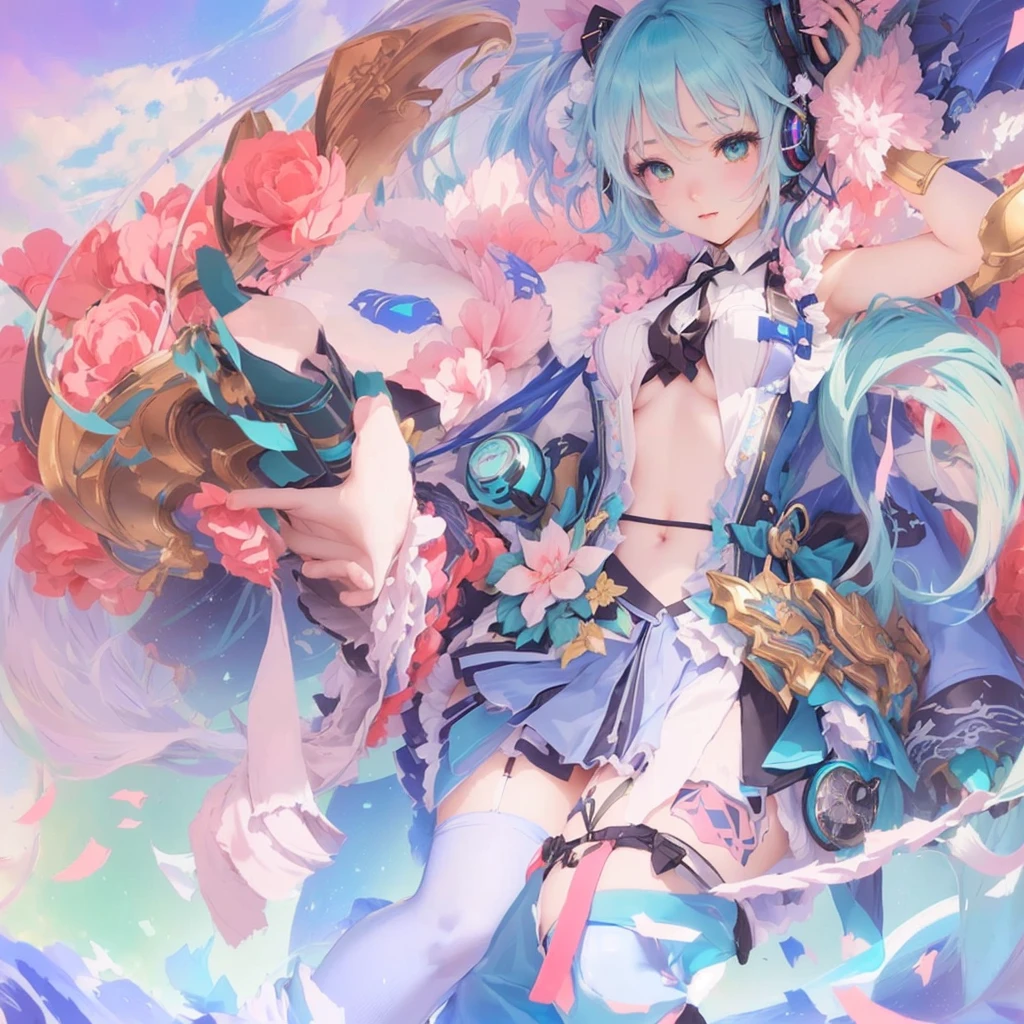 Blue hair and a bow tie、anime girl holding a sword, digital art on Pixiv, by Shimo, Pixiv contest winner, Pixiv, Vocaloid, Pixiv style, Anime fantasy artwork, Anime fantasy illustration, Beautiful anime artwork, The Detailed Art of the Onmyoji, Official artwork, Zerochan Art, high detailed Official artwork, Nightcore, MikudayoLet's start with a base illustration of a young female character.
Adjust the hair color to Hatsune Miku's iconic turquoise blue.
Style the hair to be very long, reaching below the waist, in twin tails. Ensure the twin tails are evenly balanced and neatly wrapped at the top.
Give the hair a glossy appearance and a slightly voluminous texture.
Create a youthful and cute facial expression with large, expressive eyes. The eye color should be a bright shade of blue.
Give her a characteristic slim and body frame.
Remove the distinctive outfit consisting of a sleeveless top, tie, and pleated skirt. Include shades of teal and black in the color scheme.
Include signature accessories such as a futuristic headset, microphone, and detachable sleeves.
Optionally, add knee-high boots or thigh-high socks in matching color tones.
Provide a background that complements the aesthetic, such as a futuristic cityscape or a concert stage with colorful lights.
Please note that due to the complexity of the instructions, it may be challenging for an AI to accurately generate an image based on the exact specifications provided.
Please draw it in a sketch-like style, resembling an idea sketch.
A drawing that looks like it was done with a pencil. A picture drawn in a messy manner. A drawing done with hesitation.Soft Joints - Dancer's Joints - Twisting the Hips Dramatically - No Use of Black in Outlines - Pink Illumination - Lowered Gaze - Slender Eyes - Puffy Cheeks - Visible Abdominal Skin - Hair Color is Aqua - Hair Doesn't Turn Green - Employing Light Pastel Colors for Outlines.