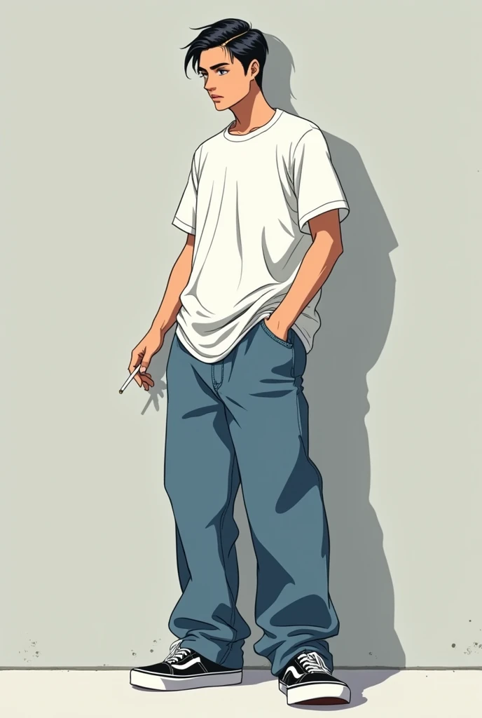 Oversized clothing, plain white t-shirt, extra wide jeans, black VANS sneakers, male, slicked back hair, front, full body, anime, high school age, cigarette in right hand