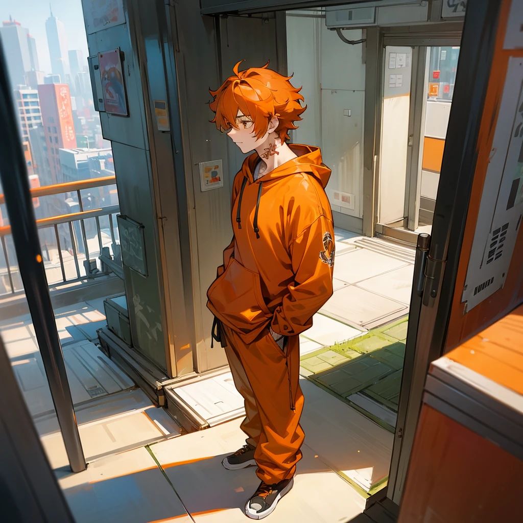 1male, adult, finely detailed honey eyes, wild medium hair, orange hair color, hoodie, baggy pants, standing on building, day time, tokyo streets, calm expression, muscular, tattoos