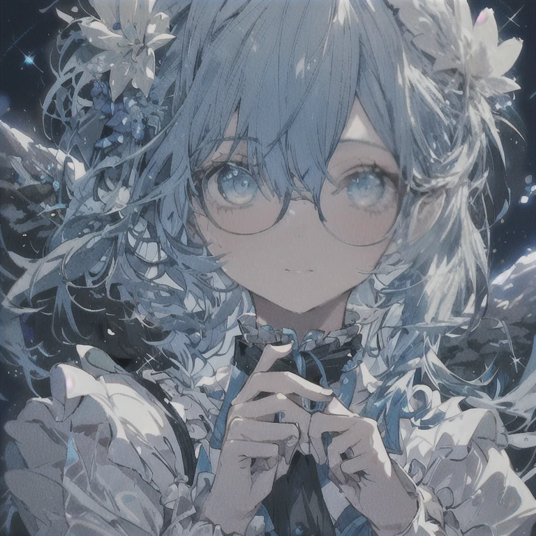 One girl, Blue Hair/Light blue hair, Glasses, High resolution, Anatomically correct, Shortcuts, Close-up, Off-screen, Hair Flower, Sparkle Effect,Action Painting,