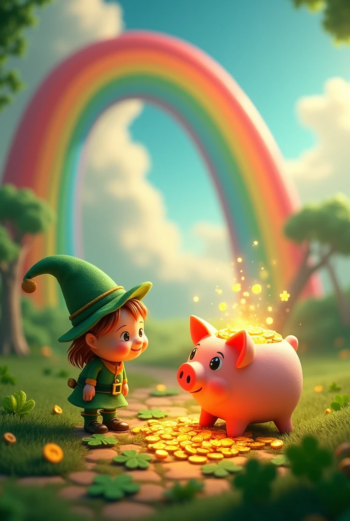 Enchanting scenery with a bright rainbow curving across the sky, ending at a specific point on the ground. At the end of the rainbow, there is a chest there is a round piggy bank in the shape of a pig, overflowing with golden coins and bright light. Four-leaf clovers are scattered all over the floor. A green elf with a pointed hat, typical of Irish folklore, is next to the piggy bank, smiling and maybe holding a gold coin. The scenery is vibrant and full of colors, conveying a sense of magic and luck.