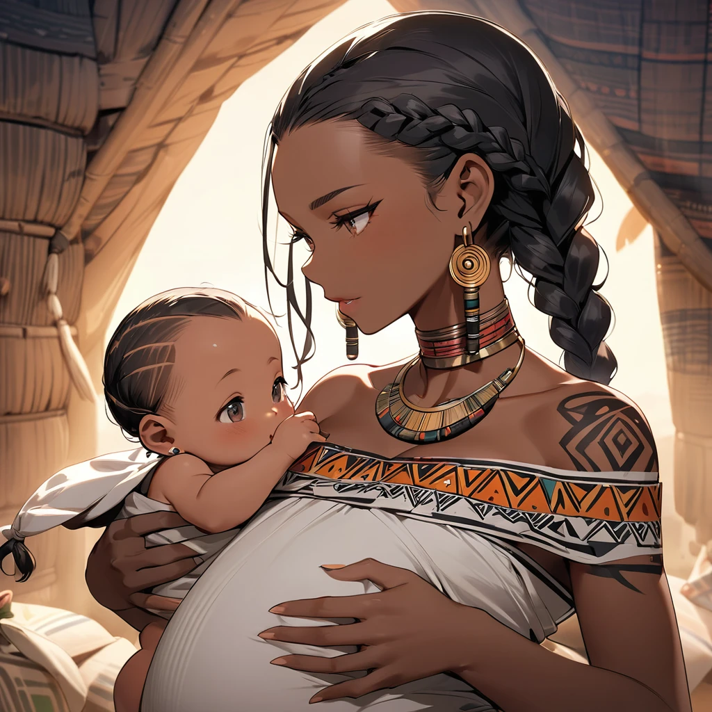 ((Highest quality)), ((masterpiece)), (detailed), (Perfect Face)、The woman has dark skin, is pregnant, and is holding a baby.、(Ghana braids with strong curly hair slicked back)、Black, dark skinned, African native tribal woman、The amount of hair is small、Black Hair、Very short curly hair、Ghana braid hair, finely and delicately braided into Ghana braids and slicked back、A black African woman with braided hair, low volume, tribal earrings and tribal accessories, beautifully dressed and wearing tribal makeup、A beautiful tribal woman with tattoos all over her body、Women in tribal village night rituals、The woman's hair is dyed black by the other women in the village and styled like an African woman's.