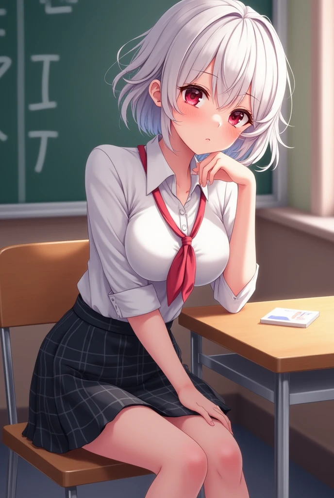 ((table top, highest quality, High resolution, perfect pixel, 4k ))), 1 girl, single, alone, beautiful woman、I could see the whole body、 ((short wavy hair, bangs, whitehair)), ((red eyes, beautiful eyelashes, realistic eyes)), ((detailed face, blush:1.2)), ((smooth texture:0.75, realistic texture:0.65, realistic:1.1, Anime CG style)), medium breasts, dynamic angle, perfect body, ((school uniform, white shirt, black skirt, unbuttoned shirt、plaid skirt、white socks)), classroom without people、sit at desk、..、evening、Very embarrassing panic smile、(lift the skirt with your right hand、open legs、open knees wide)、open legs, pussy visible, pussy line, beauty pussy, prefect pussy, (pink lace bra)、angle from below, masturbation, (open legs、open knees wide, show your pussy), expose pussy