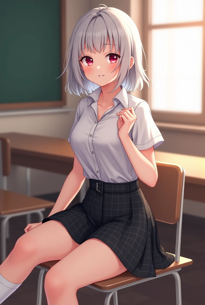 ((table top, highest quality, High resolution, perfect pixel, 4k ))), 1 girl, single, alone, beautiful woman、I could see the whole body、 ((short wavy hair, bangs, whitehair)), ((red eyes, beautiful eyelashes, realistic eyes)), ((detailed face, blush:1.2)), ((smooth texture:0.75, realistic texture:0.65, realistic:1.1, Anime CG style)), medium breasts, dynamic angle, perfect body, ((school uniform, white shirt, black skirt, unbuttoned shirt、plaid skirt、white socks)), classroom without people、sit at desk、..、evening、Very embarrassing panic smile、(lift the skirt with your right hand、open legs、open knees wide)、open legs, pussy visible, pussy line, beauty pussy, prefect pussy, (pink lace bra)、angle from below, masturbation, (open legs、open knees wide, show your pussy), expose pussy
