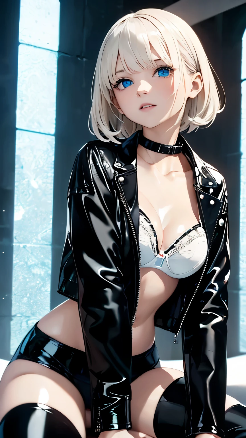 Highest quality、masterpiece、(((Black Leather Jacket:1.37、Black leather jacket、Black jacket)))、BREAK、Angle above the knee、Beautiful and fair、Glowing Skin, 3 Up, Nice, bright, Refreshing and gentle look, Perfect beautiful face、Blonde Short Hair,Beautiful shiny bangs, Very beautiful girl, eyeliner, so perfect and beautiful、Sky blue eyes,Small breasts,The original skin is visible through the grooves、BREAK、(((White latex bra:1.37、タイトなWhite bra、White bra))),BREAK、cool、Dim lighting、Black Wall、Spotlight