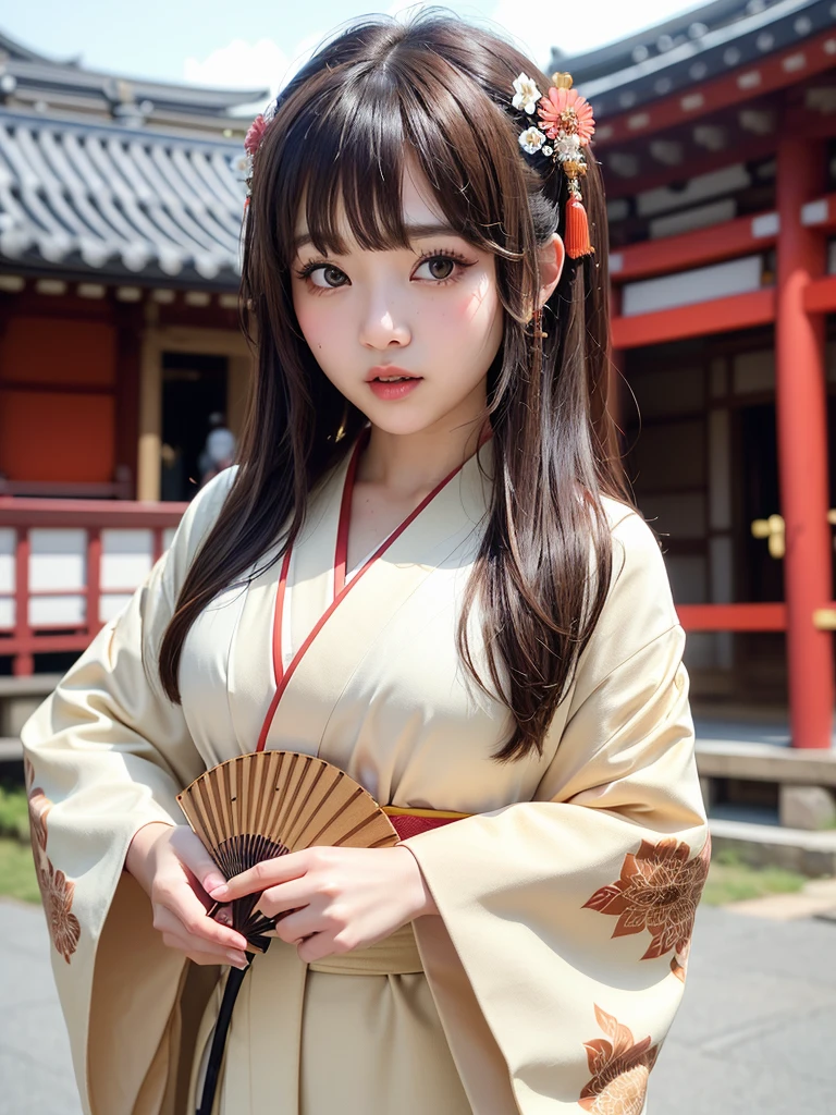 ( bangs, blunt bangs, brown hair, Hime cut, Depth of written boundary, f/4.0, 135mm, Nikon, uhd, masterpiece, Textured skin, Super detailed,4K,Wide-area lighting),(Beautiful woman: 1.4、Very white skin、Fine grain、 double eyelid)、(((hair ornaments、Kimono that exposes a lot of skin、Bust Shot、Rin々Funny face、Sengoku period、Japanese-style building、She is holding a folding fan in one hand.、Show from head to chest)))