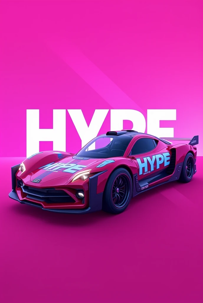 Create a banner for a game called hype with a pink background and a vehicle with the word hype written on it.