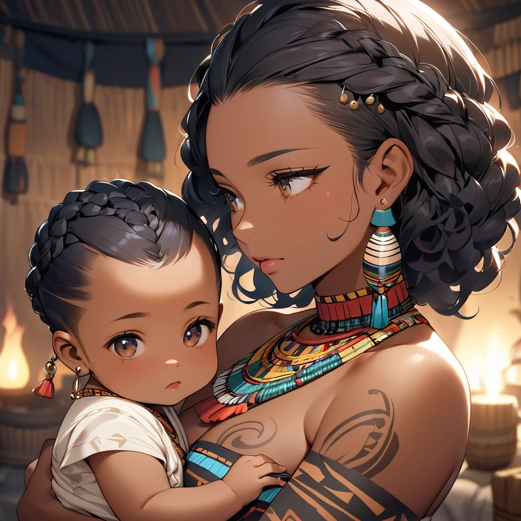 ((Highest quality)), ((masterpiece)), (detailed), (Perfect Face)、The woman has dark skin and is holding a baby.、(Ghana braids with strong curly hair slicked back)、Black, dark skinned, African native tribal woman、The amount of hair is small、Black Hair、Very short curly hair、Ghana braid hair, finely and delicately braided into Ghana braids and slicked back、A black African woman with braided hair, low volume, tribal earrings and tribal accessories, beautifully dressed and wearing tribal makeup、A beautiful tribal woman with tattoos all over her body、Women in tribal village night rituals、The woman's hair is dyed black by the other women in the village and styled like an African woman's.