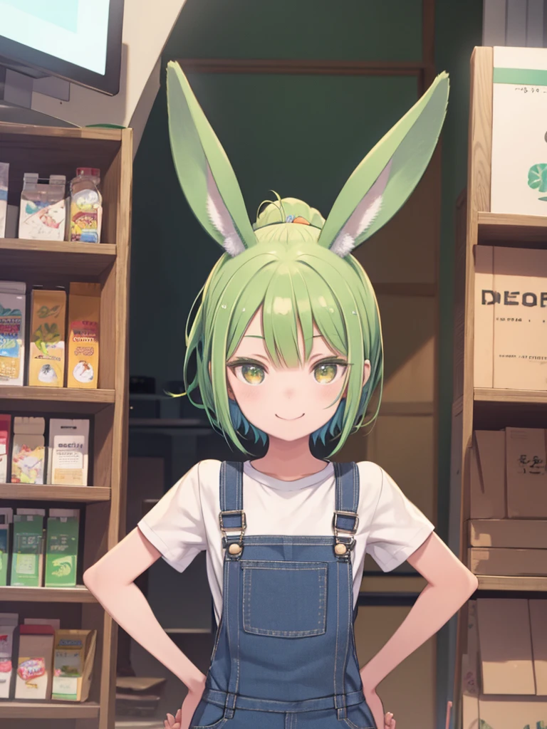 Green rabbit furry girl, chain,white sleeveless shirt with flower embroidery,heart collar,gold bracelets,sunglasses,department store,looking at viewer,upper body only,full face blush,naughty face,smile,excited pose, in the living room