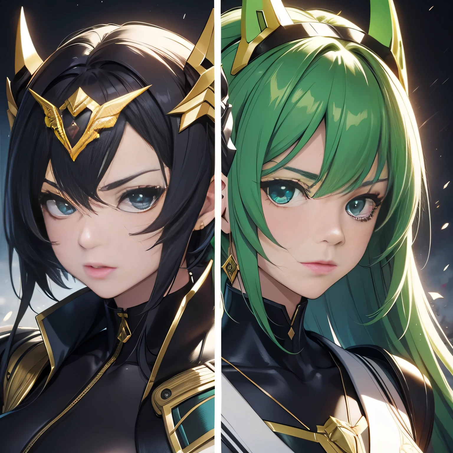 An incredible decision、High resolution、(masterpiece:1.4)、Ultra-detailed、Sharp details、Dramatic and realistic painting art、Super Sentai Series、Megaranger、Heroine mask、(Helmet)、Face to face、Green Hair、Headband、Large ribbons on both sides、(Lush、black、Bright Green)、(1group of people)、Hero of Justice、Decide on a transformation pose、