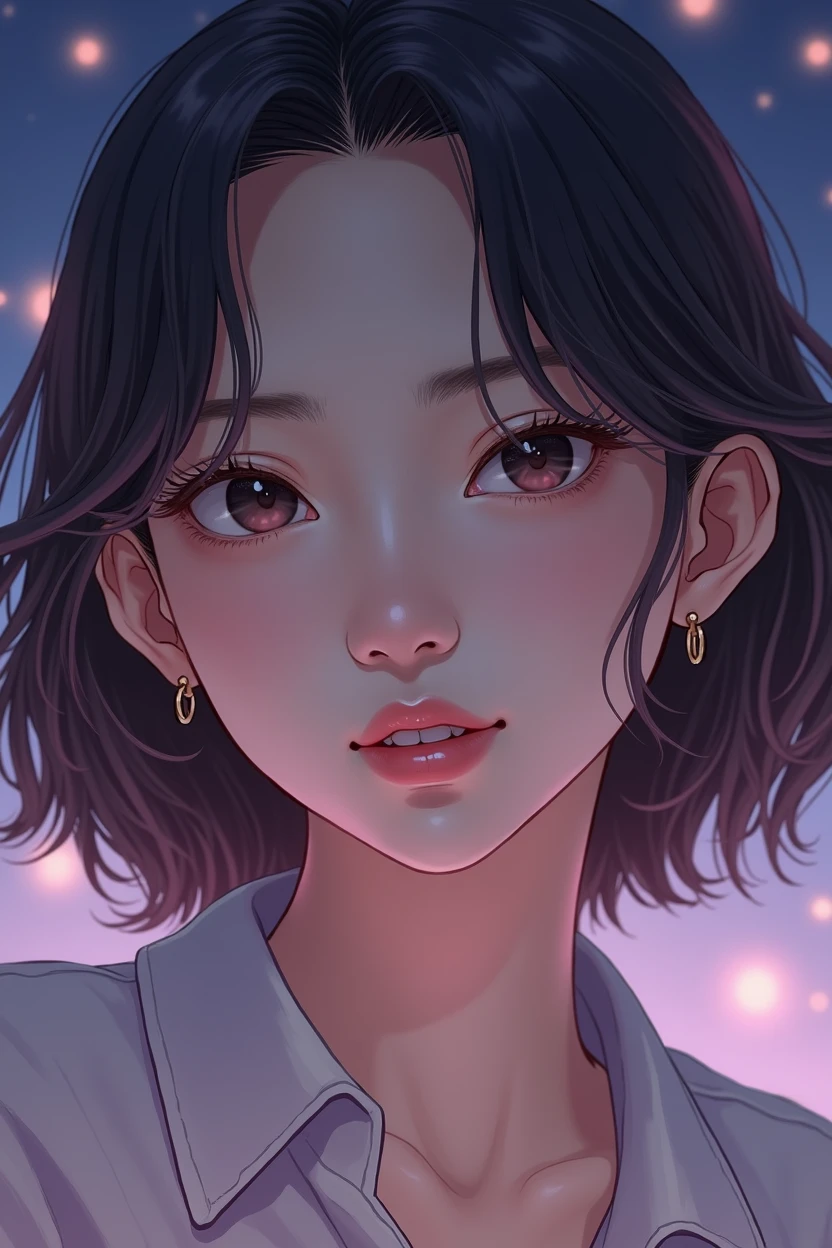 A portrait shot of A realistic young woman with korean features. sleek, modern hairstyle, such as a straight bob cut or a stylish ponytail. Her expression could be confident and sharp, reflecting a strong and dynamic presence. The background is pastel purple/ dark blue with stars