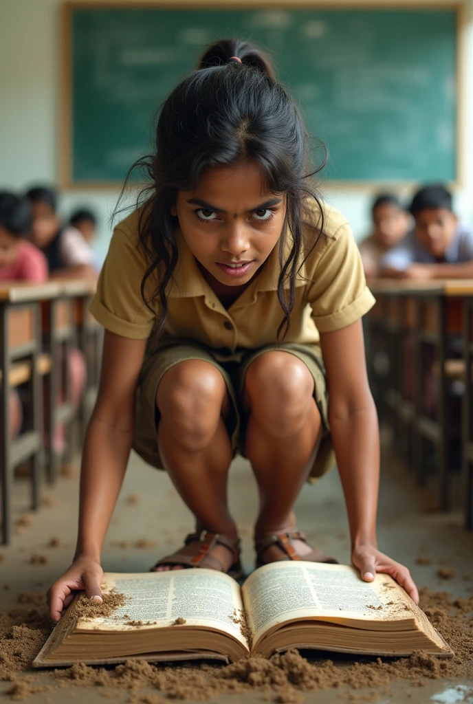indian high school girl stomping on open book with muddy sandles in classroom