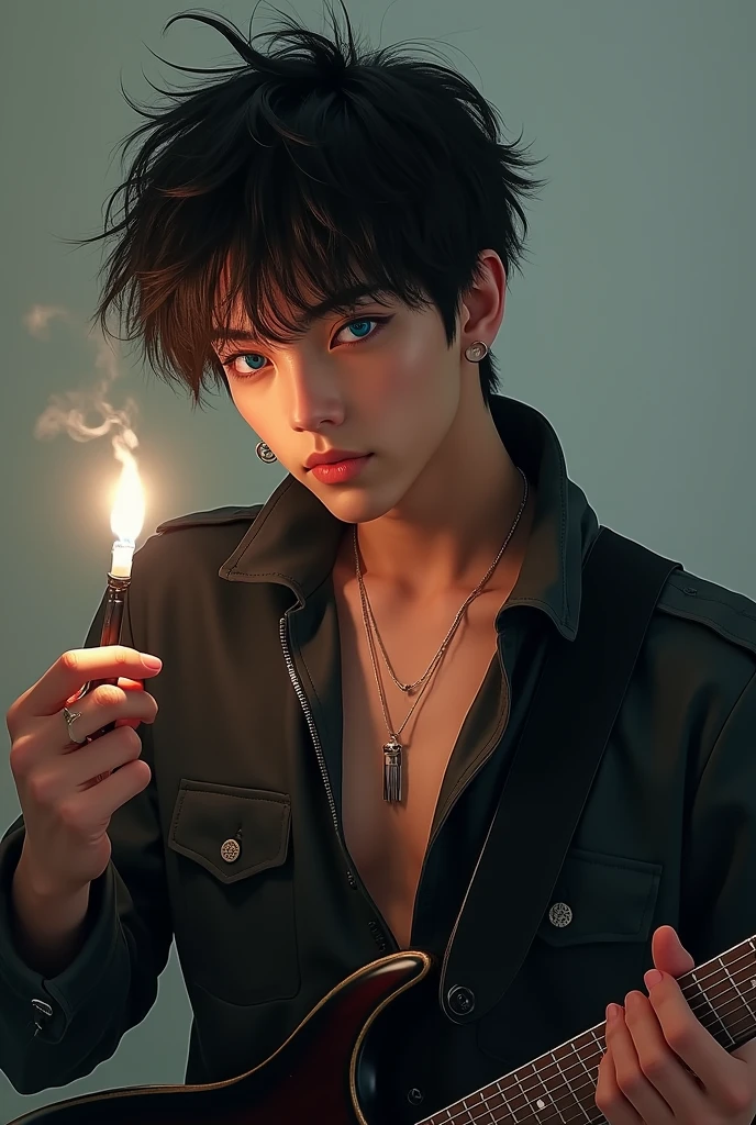 a 19 year old american dude with a messy fringe medium length hair, blue eyes, clean shaven, fit body and his face resembles Taeyung from BTS and elvis presley. He is playing the guitar while a cigarette in his mouth, and is having an evil smile