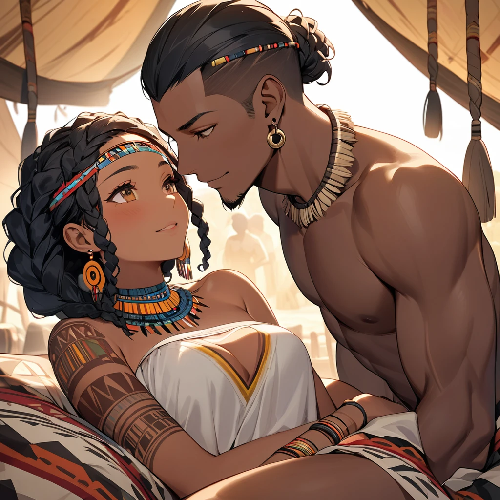 ((Highest quality)), ((masterpiece)), (detailed), (Perfect Face)、The woman, with her vibrant dark skin, is happily nestled next to her husband, a man from the tribe.、(Ghana braids with strong curly hair slicked back)、Black, dark skinned, African native tribal woman、The amount of hair is small、Black Hair、Very short curly hair、Ghana braid hair, finely and delicately braided into Ghana braids and slicked back、A black African woman with braided hair, low volume, tribal earrings and tribal accessories, beautifully dressed and wearing tribal makeup、A beautiful tribal woman with tattoos all over her body、Women in tribal village night rituals、The woman's hair is dyed black by the other women in the village and styled like an African woman's.