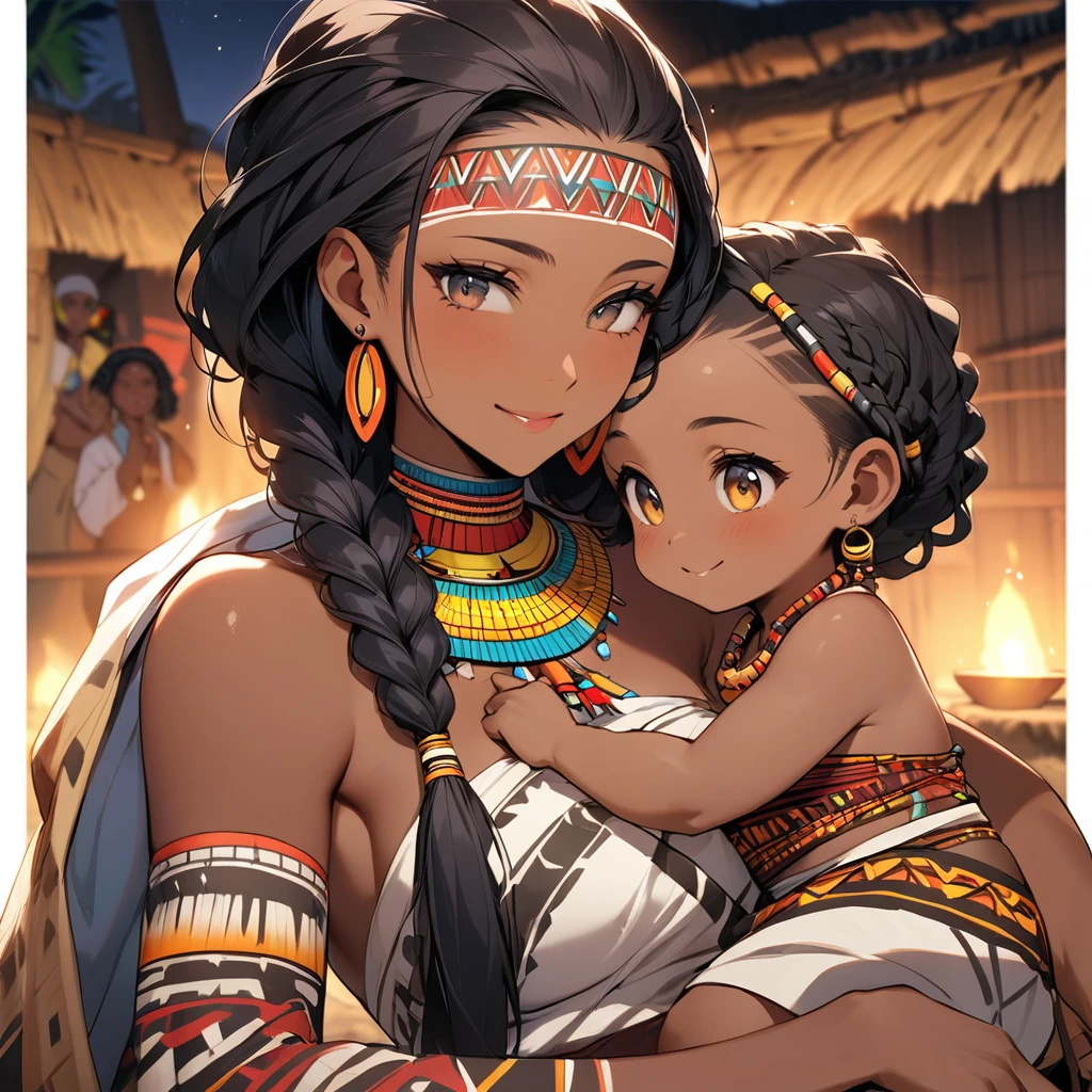 ((Highest quality)), ((masterpiece)), (detailed), （Perfect Face）、The woman, with her vibrant dark skin, is happily nestled next to her husband, a man from the tribe.、（Ghana braids with strong curly hair slicked back）、Black, dark skinned, African native tribal woman、The amount of hair is small、Black Hair、Very short curly hair、Ghana braid hair, finely and delicately braided into Ghana braids and slicked back、A black African woman with braided hair, low volume, tribal earrings and tribal accessories, beautifully dressed and wearing tribal makeup、A beautiful tribal woman with tattoos all over her body、Women in tribal village night rituals、The woman&#39;s hair is dyed black by the other women in the village and styled like an African woman&#39;s.