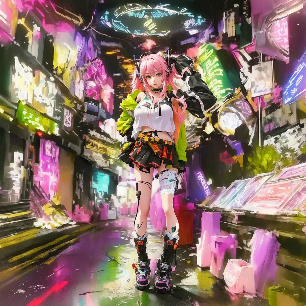 Anime girl with pink hair and green jacket standing in a store, Digital Cyberpunk - Anime Art, digital Cyberpunk anime art, anime cyberpunk art, Colorful Fox City, Glitch Punk Girl, Cyberpunk anime art, Dreamy psychedelic anime, A mix of anime style and Fujifilm, Mecha aesthetics, In Cyberpunk City, cyberspace cowboy, Cyberpunk Style, Macross Frontier Splash ArtLet's start with a base illustration of a young female character.
Adjust the hair color to Hatsune Miku's iconic turquoise blue.
Style the hair to be very long, reaching below the waist, in twin tails. Ensure the twin tails are evenly balanced and neatly wrapped at the top.
Give the hair a glossy appearance and a slightly voluminous texture.
Create a youthful and cute facial expression with large, expressive eyes. The eye color should be a bright shade of blue.
Give her a characteristic slim and body frame.
Remove the distinctive outfit consisting of a sleeveless top, tie, and pleated skirt. Include shades of teal and black in the color scheme.
Include signature accessories such as a futuristic headset, microphone, and detachable sleeves.
Optionally, add knee-high boots or thigh-high socks in matching color tones.
Provide a background that complements the aesthetic, such as a futuristic cityscape or a concert stage with colorful lights.
Please note that due to the complexity of the instructions, it may be challenging for an AI to accurately generate an image based on the exact specifications provided.
Please draw it in a sketch-like style, resembling an idea sketch.
A drawing that looks like it was done with a pencil. A picture drawn in a messy manner. A drawing done with hesitation.Soft Joints - Dancer's Joints - Twisting the Hips Dramatically - No Use of Black in Outlines - Pink Illumination - Lowered Gaze - Slender Eyes - Puffy Cheeks - Visible Abdominal Skin - Hair Color is Aqua - Hair Doesn't Turn Green - Employing Light Pastel Colors for Outlines.