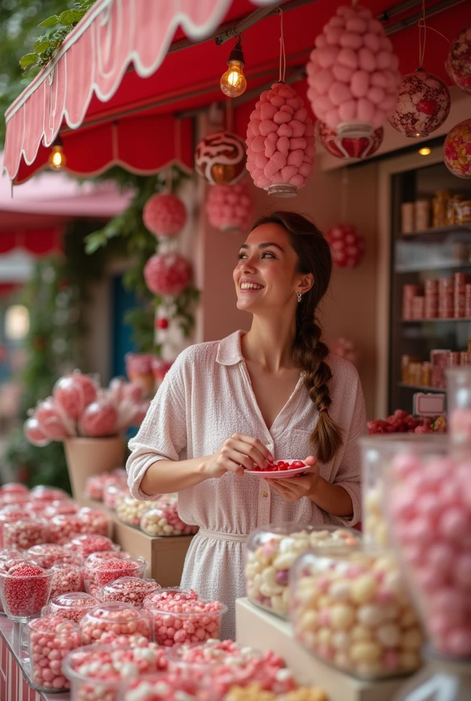  a candy seller next to lots of stylish candy