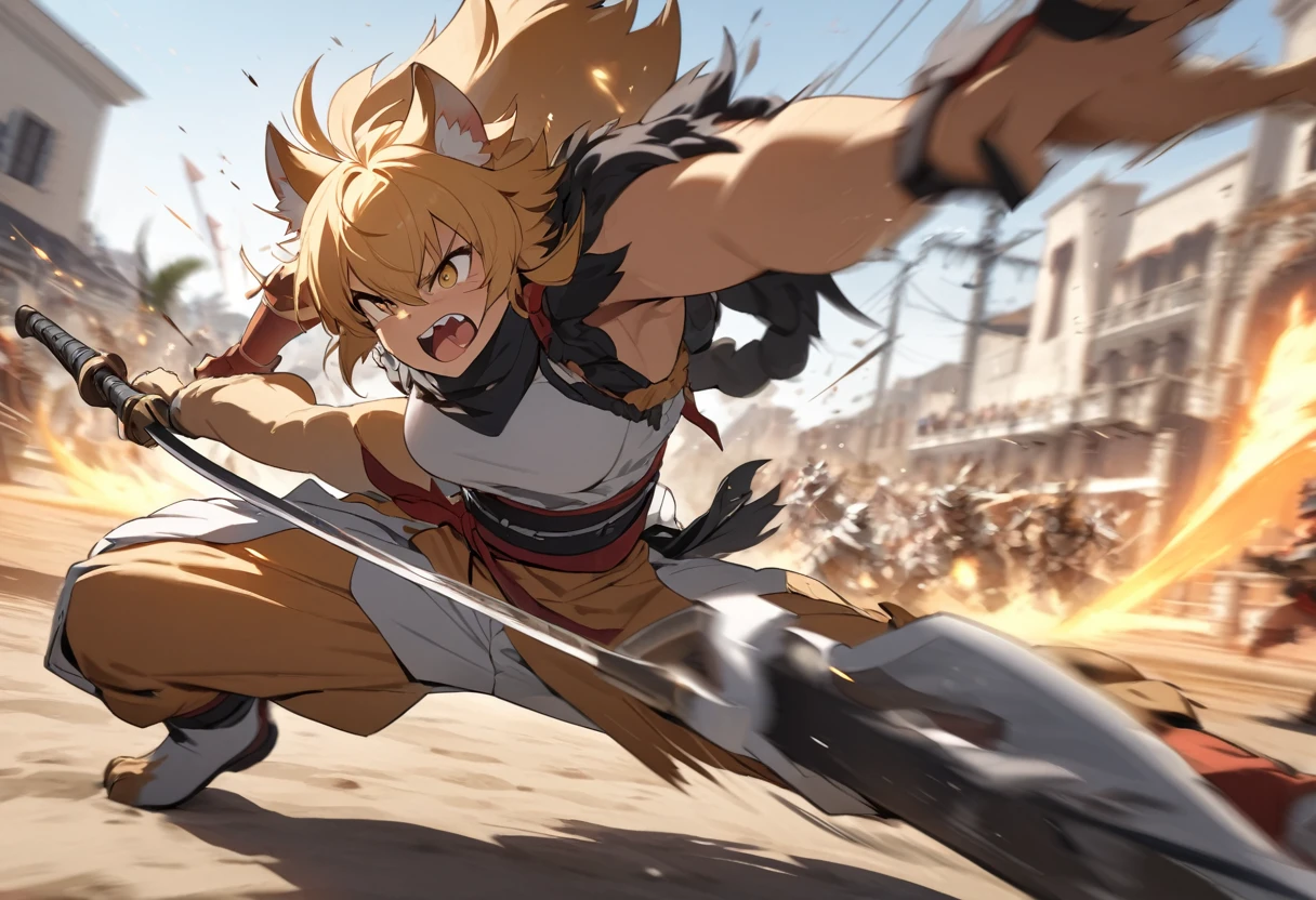 top quality, high-quality illustrations((masterpiece))depth of field, motion blur, absurdres, Perfect Anatomy, magnificent picture of kemono fighting fierce battles, kemono, 1boy, solo focus, Anthro((dramatic))epic, weapon, dynamic pose, One scene of movie,