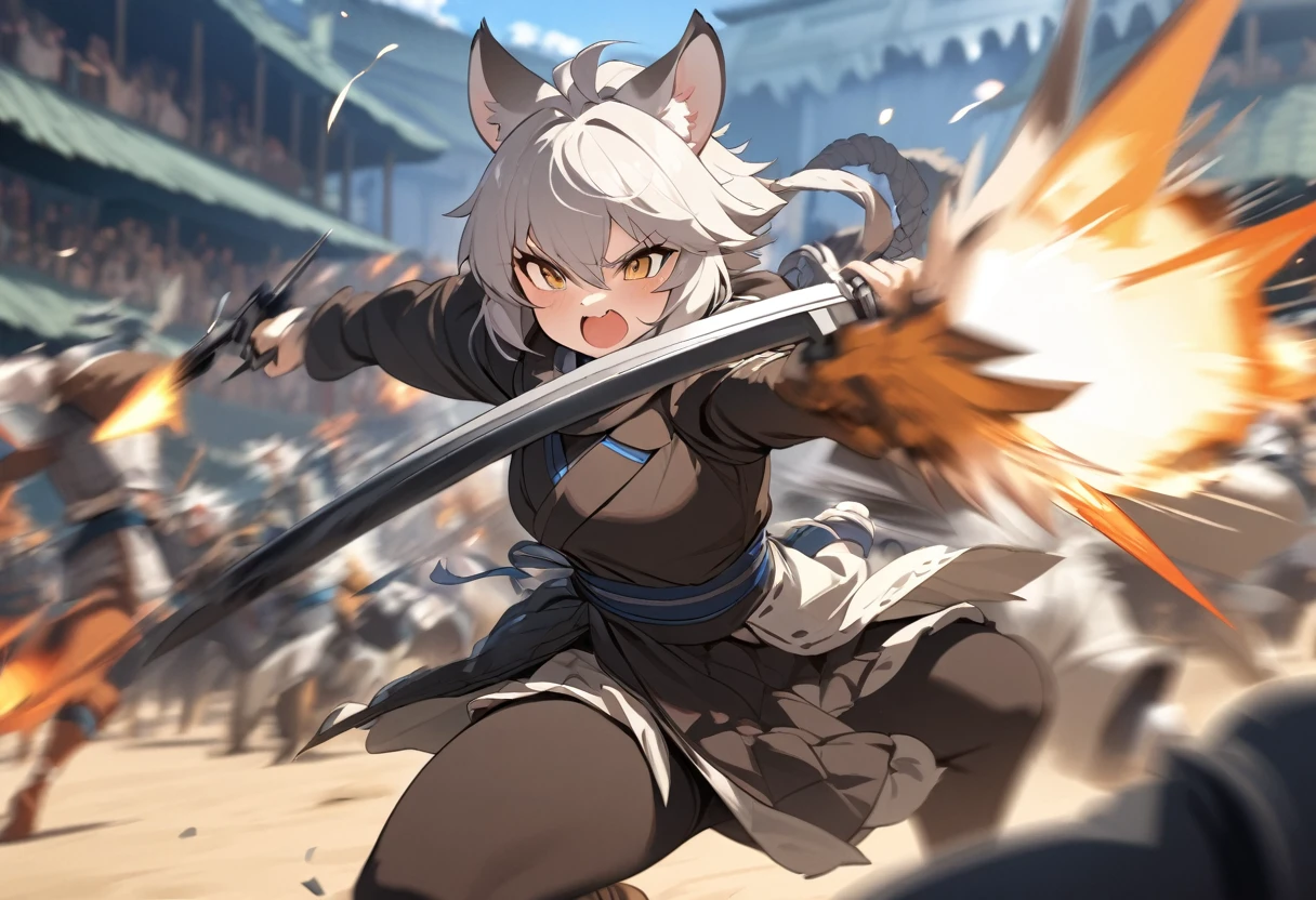 top quality, high-quality illustrations((masterpiece))depth of field, motion blur, absurdres, Perfect Anatomy, magnificent picture of kemono fighting fierce battles, kemono, 1boy, solo focus, Anthro((dramatic))epic, weapon, dynamic pose, One scene of movie,