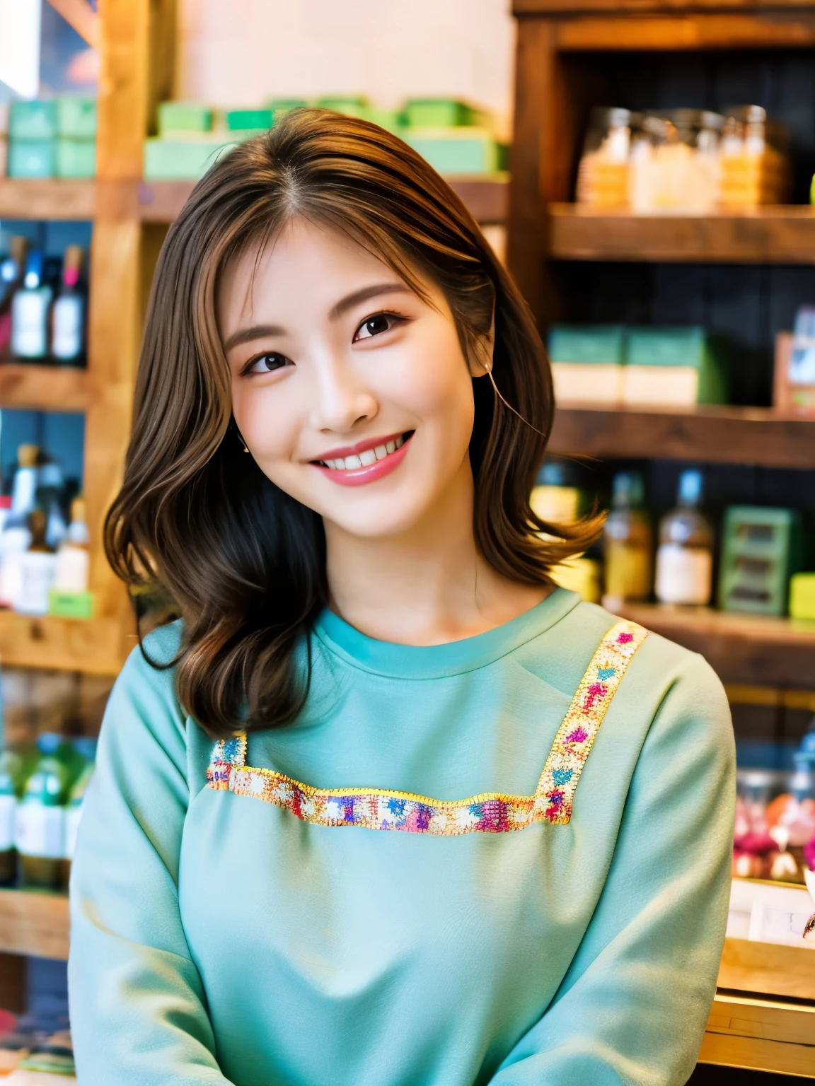 (highest quality、table top、8k、best image quality、Award-winning work)、Beauty of Spain、Spanish face、flower shop clerk、brown eyes、golden and brown hair、beautiful wavy hair、blurred background、The most natural and perfect flower shop interior、The store is decorated with many flowers...、There are many flowers lined up in the store...、Look back with a smile、long sleeve sweatshirt、The most natural and perfect apron、big breasts、emphasize the fullness of the chest、look at me with the best smile、very bright and vivid、perfect makeup、long eyelashes、close up of face、ultra high resolution glossy lips、Super high resolution glossy skin、super high quality hair、Super high-definition sparkling eyes、Super high resolution perfect teeth、Ultra high definition beauty face、Perfect flower shop interior in ultra high resolution