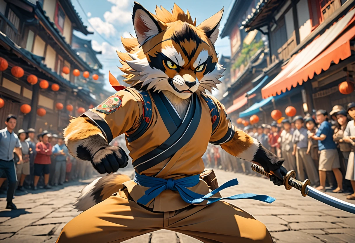 top quality, high-quality illustrations((masterpiece))depth of field, motion blur, absurdres, Perfect Anatomy, magnificent picture of kemono fighting fierce battles, kemono, 1boy, solo focus, Anthro((dramatic))epic, weapon, dynamic pose, One scene of movie,