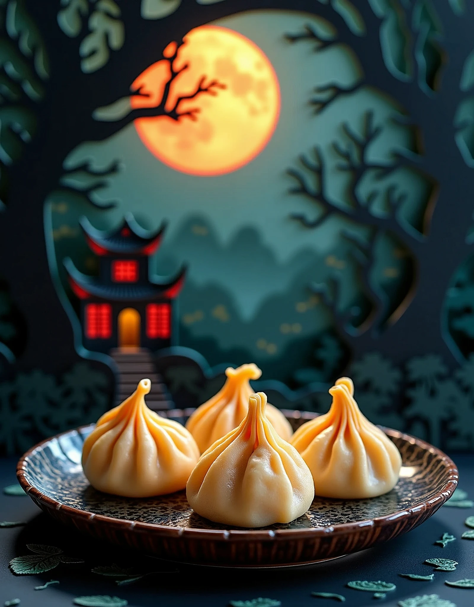 3D Paper cut art, super detailed, a paper cut demonstrates a dish of chinese dumpling, in the background are trees and the silhouette of an ancient chinese house, dark background, mystery scary atmosphere