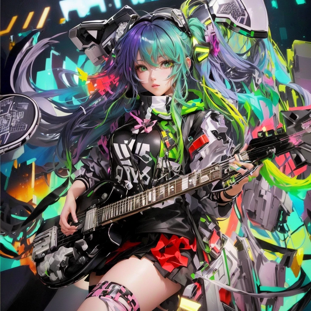 Anime girl with guitar and helmet, Official artwork, high detailed Official artwork, Nightcore, Detailed cover artwork, Glitch Punk Girl, Anime Monster Girl, Lockout, Monster Girl, Glitchcore Witchcore, Album art, High-quality artwork, egirl, e - girl, Holy Cyborg Necromancer Girl, Guitar solo, Detailed Key Anime ArtLet's start with a base illustration of a young female character.
Adjust the hair color to Hatsune Miku's iconic turquoise blue.
Style the hair to be very long, reaching below the waist, in twin tails. Ensure the twin tails are evenly balanced and neatly wrapped at the top.
Give the hair a glossy appearance and a slightly voluminous texture.
Create a youthful and cute facial expression with large, expressive eyes. The eye color should be a bright shade of blue.
Give her a characteristic slim and body frame.
Remove the distinctive outfit consisting of a sleeveless top, tie, and pleated skirt. Include shades of teal and black in the color scheme.
Include signature accessories such as a futuristic headset, microphone, and detachable sleeves.
Optionally, add knee-high boots or thigh-high socks in matching color tones.
Provide a background that complements the aesthetic, such as a futuristic cityscape or a concert stage with colorful lights.
Please note that due to the complexity of the instructions, it may be challenging for an AI to accurately generate an image based on the exact specifications provided.
Please draw it in a sketch-like style, resembling an idea sketch.
A drawing that looks like it was done with a pencil. A picture drawn in a messy manner. A drawing done with hesitation.Soft Joints - Dancer's Joints - Twisting the Hips Dramatically - No Use of Black in Outlines - Pink Illumination - Lowered Gaze - Slender Eyes - y Cheeks - Visible Abdominal Skin - Hair Color is Aqua - Hair Doesn't Turn Green - Employing Light Pastel Colors for Outlines.