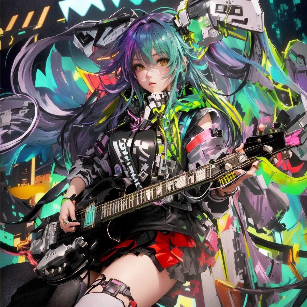 Anime girl with guitar and helmet, Official artwork, high detailed Official artwork, Nightcore, Detailed cover artwork, Glitch Punk Girl, Anime Monster Girl, Lockout, Monster Girl, Glitchcore Witchcore, Album art, High-quality artwork, egirl, e - girl, Holy Cyborg Necromancer Girl, Guitar solo, Detailed Key Anime ArtLet&#39;s start with a base illustration of a young female character.
Adjust the hair color to Hatsune Miku's iconic turquoise blue.
Style the hair to be very long, reaching below the waist, in twin tails. Ensure the twin tails are evenly balanced and neatly wrapped at the top.
Give the hair a glossy appearance and a slightly voluminous texture.
Create a youthful and cute facial expression with large, expressive eyes. The eye color should be a bright shade of blue.
Give her a characteristic slim and  body frame.
Remove the distinctive outfit consisting of a sleeveless top, tie, and pleated skirt. Include shades of teal and black in the color scheme.
Include signature accessories such as a futuristic headset, microphone, and detachable sleeves.
Optionally, add knee-high boots or thigh-high socks in matching color tones.
Provide a background that complements the aesthetic, such as a futuristic cityscape or a concert stage with colorful lights.
Please note that due to the complexity of the instructions, it may be challenging for an AI to accurately generate an image based on the exact specifications provided.
Please draw it in a sketch-like style, resembling an idea sketch.
A drawing that looks like it was done with a pencil. A picture drawn in a messy manner. A drawing done with hesitation.Soft Joints - Dancer's Joints - Twisting the Hips Dramatically - No Use of Black in Outlines - Pink Illumination - Lowered Gaze - Slender Eyes - Puffy Cheeks - Visible Abdominal Skin - Hair Color is Aqua - Hair Doesn't Turn Green - Employing Light Pastel Colors for Outlines.
