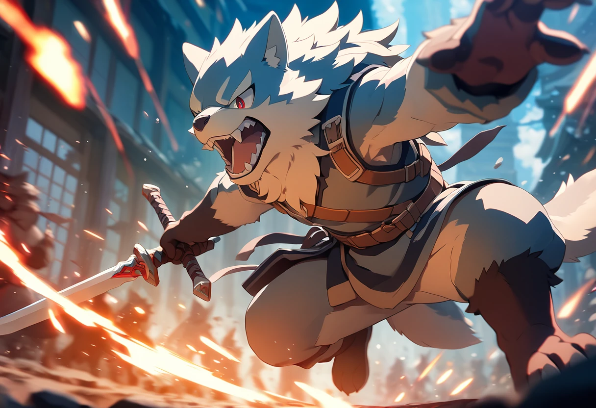 top quality, high-quality illustrations((masterpiece))depth of field, motion blur, absurdres, Perfect Anatomy, magnificent picture of kemono fighting fierce battles, kemono, 1boy, solo focus, Anthro((dramatic))epic, weapon, dynamic pose, One scene of movie,