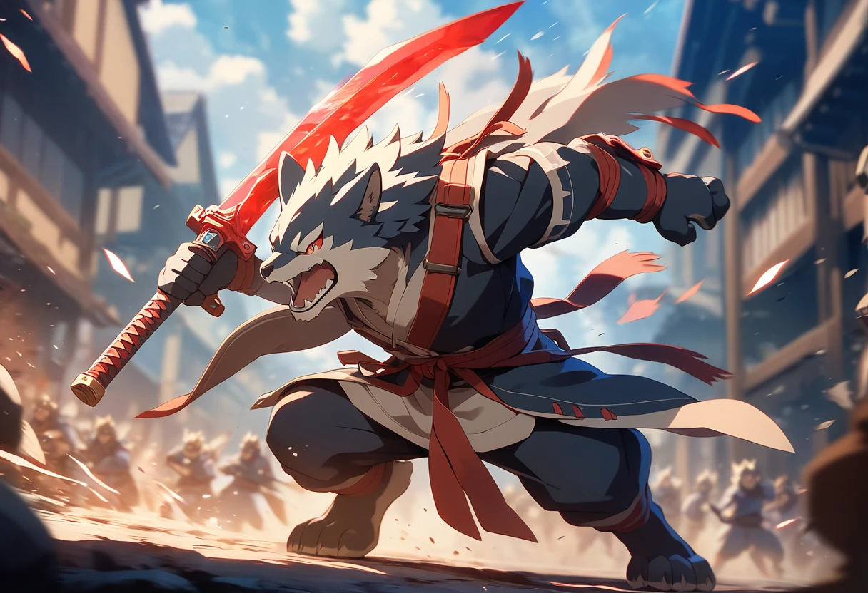 top quality, high-quality illustrations((masterpiece))depth of field, motion blur, absurdres, Perfect Anatomy, magnificent picture of kemono fighting fierce battles, kemono, 1boy, solo focus, Anthro((dramatic))epic, weapon, dynamic pose, One scene of movie,