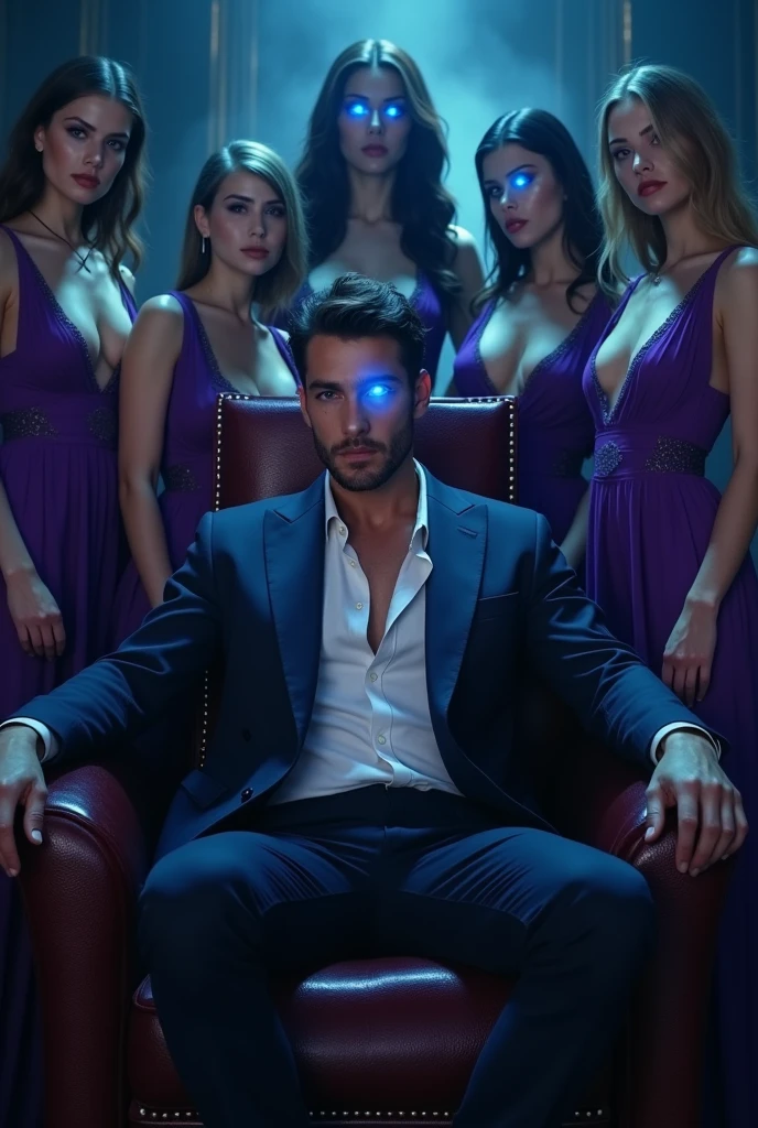 A ( handsome man , black suit , Magical glowing blue eye, sitting on a chair like king , look so cool and dark background
Behind him many girls standing they all are in purple harem sexy mini hot slave dress their eyes are also glowing blue like the man