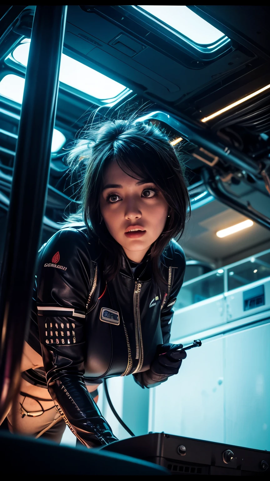 Candid photo of a female engineer repairing the engine of a huge spaceship, Wearing a tight futuristic space suit, masterpiece, (Beautiful and big eyes:1.1), Intricate details, Very complex iris, close, Neon Light, thick smoke, Cyberpunk atmosphere, Flash lighting, Shot with a Bolex H16, Expired Ektachrome film