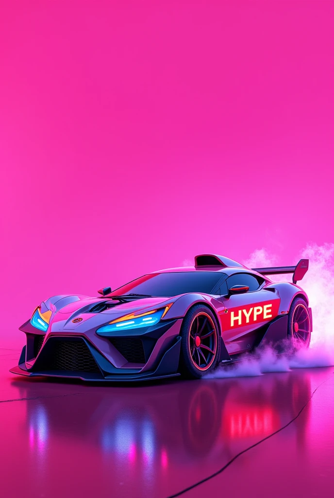 Create a banner for a game called hype with a pink background and a vehicle with the word hype written on it.