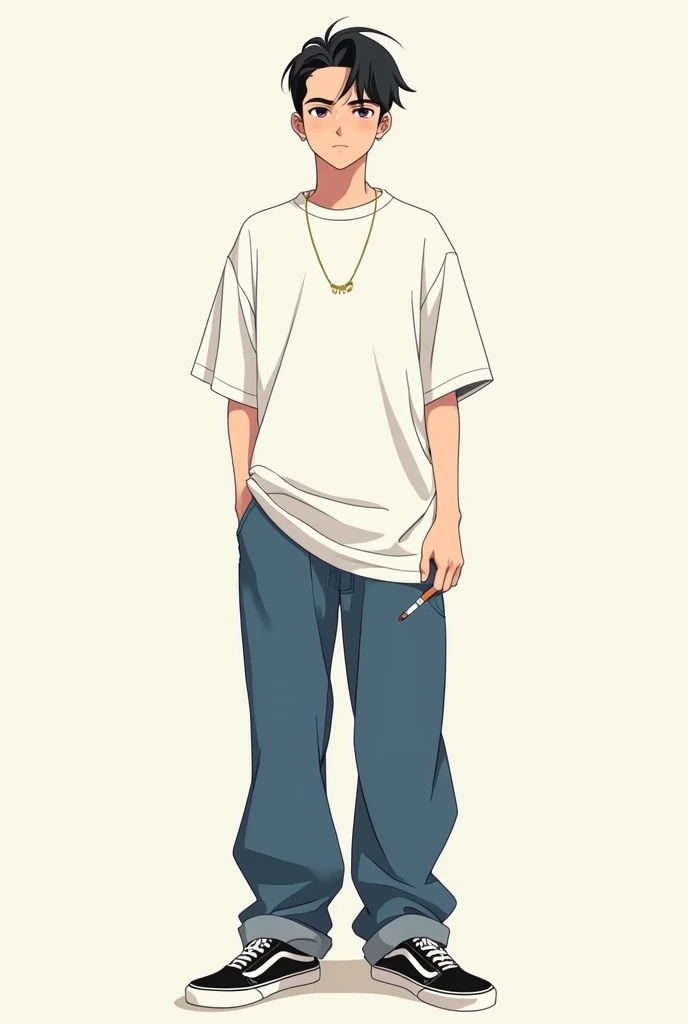 Oversized clothing, plain white t-shirt, extra wide jeans, black VANS sneakers, male, slicked back hair, two-block style, front, full body, anime, about high school age, cigarette in right hand