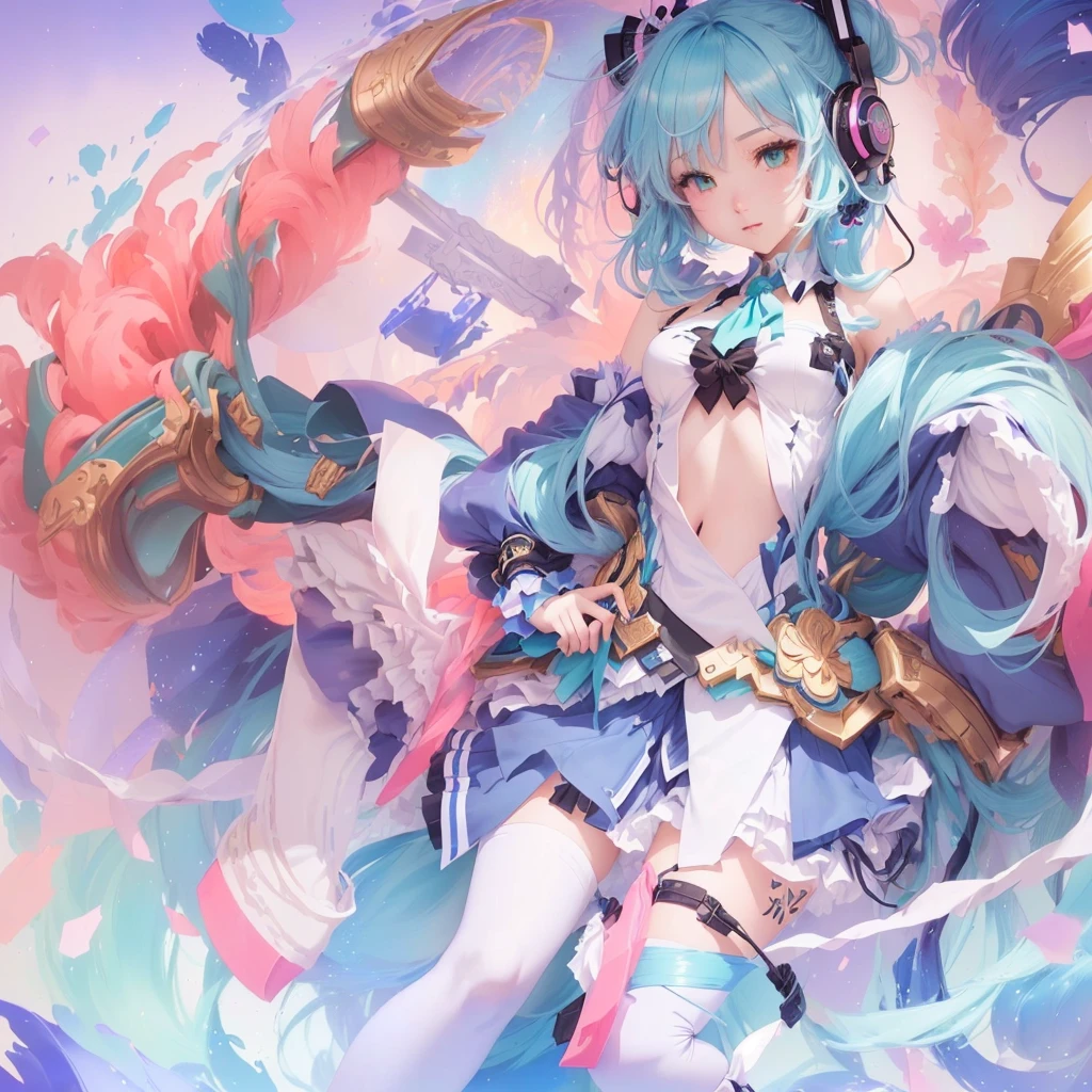 Blue hair and a bow tie、anime girl holding a sword, digital art on Pixiv, by Shimo, Pixiv contest winner, Pixiv, Vocaloid, Pixiv style, Anime fantasy artwork, Anime fantasy illustration, Beautiful anime artwork, The Detailed Art of the Onmyoji, Official artwork, Zerochan Art, high detailed Official artwork, Nightcore, MikudayoLet's start with a base illustration of a young female character.
Adjust the hair color to Hatsune Miku's iconic turquoise blue.
Style the hair to be very long, reaching below the waist, in twin tails. Ensure the twin tails are evenly balanced and neatly wrapped at the top.
Give the hair a glossy appearance and a slightly voluminous texture.
Create a youthful and cute facial expression with large, expressive eyes. The eye color should be a bright shade of blue.
Give her a characteristic slim and body frame.
Remove the distinctive outfit consisting of a sleeveless top, tie, and pleated skirt. Include shades of teal and black in the color scheme.
Include signature accessories such as a futuristic headset, microphone, and detachable sleeves.
Optionally, add knee-high boots or thigh-high socks in matching color tones.
Provide a background that complements the aesthetic, such as a futuristic cityscape or a concert stage with colorful lights.
Please note that due to the complexity of the instructions, it may be challenging for an AI to accurately generate an image based on the exact specifications provided.
Please draw it in a sketch-like style, resembling an idea sketch.
A drawing that looks like it was done with a pencil. A picture drawn in a messy manner. A drawing done with hesitation.Soft Joints - Dancer's Joints - Twisting the Hips Dramatically - No Use of Black in Outlines - Pink Illumination - Lowered Gaze - Slender Eyes - Puffy Cheeks - Visible Abdominal Skin - Hair Color is Aqua - Hair Doesn't Turn Green - Employing Light Pastel Colors for Outlines.