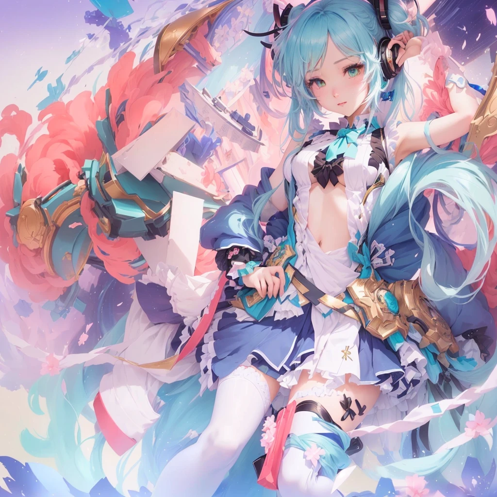 Blue hair and a bow tie、anime girl holding a sword, digital art on Pixiv, by Shimo, Pixiv contest winner, Pixiv, Vocaloid, Pixiv style, Anime fantasy artwork, Anime fantasy illustration, Beautiful anime artwork, The Detailed Art of the Onmyoji, Official artwork, Zerochan Art, high detailed Official artwork, Nightcore, MikudayoLet's start with a base illustration of a young female character.
Adjust the hair color to Hatsune Miku's iconic turquoise blue.
Style the hair to be very long, reaching below the waist, in twin tails. Ensure the twin tails are evenly balanced and neatly wrapped at the top.
Give the hair a glossy appearance and a slightly voluminous texture.
Create a youthful and cute facial expression with large, expressive eyes. The eye color should be a bright shade of blue.
Give her a characteristic slim and  body frame.
Remove the distinctive outfit consisting of a sleeveless top, tie, and pleated skirt. Include shades of teal and black in the color scheme.
Include signature accessories such as a futuristic headset, microphone, and detachable sleeves.
Optionally, add knee-high boots or thigh-high socks in matching color tones.
Provide a background that complements the aesthetic, such as a futuristic cityscape or a concert stage with colorful lights.
Please note that due to the complexity of the instructions, it may be challenging for an AI to accurately generate an image based on the exact specifications provided.
Please draw it in a sketch-like style, resembling an idea sketch.
A drawing that looks like it was done with a pencil. A picture drawn in a messy manner. A drawing done with hesitation.Soft Joints - Dancer's Joints - Twisting the Hips Dramatically - No Use of Black in Outlines - Pink Illumination - Lowered Gaze - Slender Eyes - Puffy Cheeks - Visible Abdominal Skin - Hair Color is Aqua - Hair Doesn't Turn Green - Employing Light Pastel Colors for Outlines.
