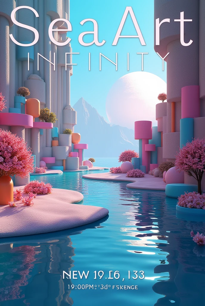 Design a high-tech poster for "SeaArt Infinity" with the title in a sleek, modern font at the top. The background should feature a realistic 3D render of abstract shapes, objects, or environments, with a sense of depth, lighting, and texture. Below the title, include the word "3D Render" in a crisp, professional font. Use a color scheme that enhances the 3D effect, with gradients, shadows, and highlights to bring the render to life.