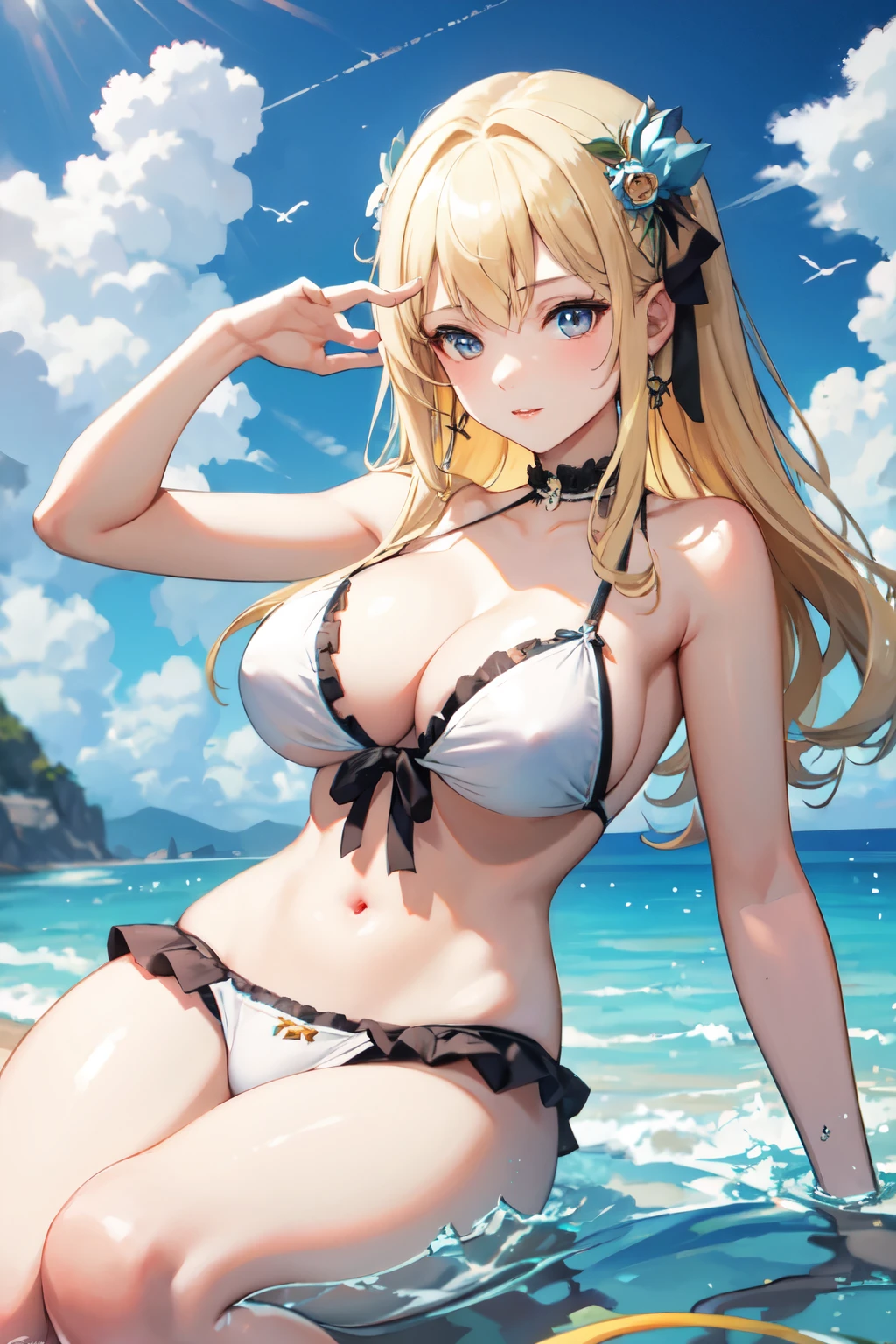 Highest quality, Great quality, 16K, Unbelievably absurd, Very detailed, delicate and dynamic, high school girl，Swimwear，Blonde，17 years old