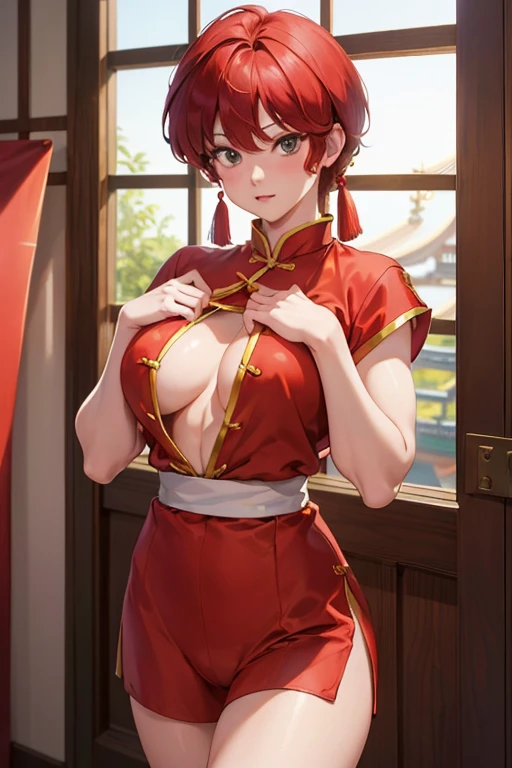 Ranma-chan, ((Ranma Redshirt | Redhead | big_chest)), Single Blade, Natural blush, Detailed face, green_eye, Bold eyeshadow, Bold eyeliner, Abdominal muscles, Slim fit body, Tight waist, White and silky skin, Realistic Skin, ((Middle Formal Pose | View the viewer | Put your hands down | The nuances of the Chinese room | Chinese Ornaments | Sensual look | Fascinating)), (Cowboy Shot), Dramatic lighting, Sharp focus, Detailed Background, Dim color, Calm tone, masterpiece, Highest quality, High resolution, Official Art, Pure Eros Face_v1, EpiC realism, Octane Rendering,