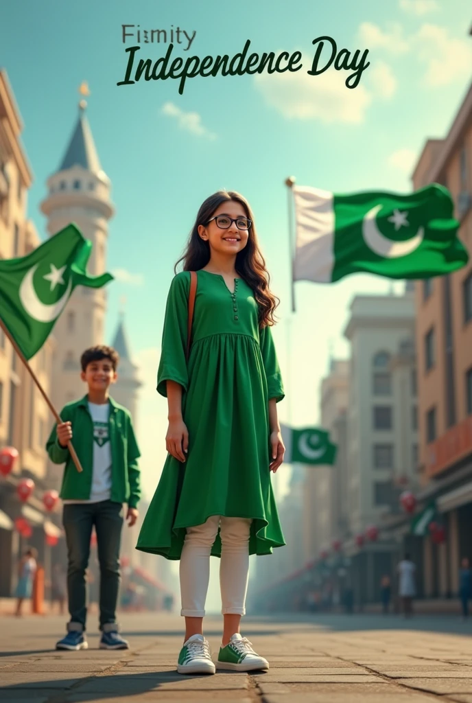 A real20"years old girl, Wearing green frock and white trozar_ sneakers and the name “ laiba is written on frock black glasses her eyes hand the boy is standing on the road with holding a national flag of and behind him is the Lahore And written on sky “Independence Day” Create Realistic image high quality..