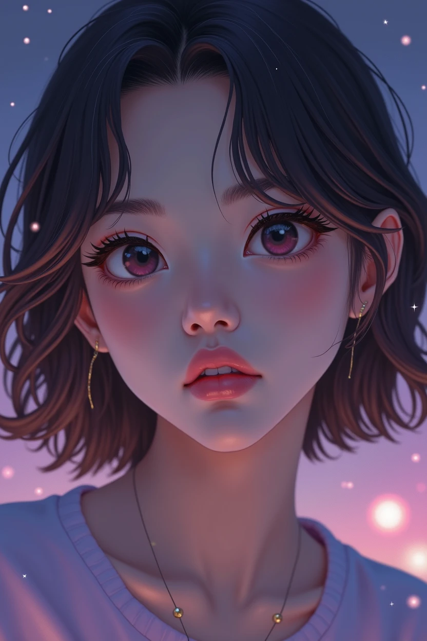 A portrait shot of A real realistic young woman with korean features. sleek, modern hairstyle, such as a straight bob cut or a stylish ponytail. Her expression could be confident and sharp, reflecting a strong and dynamic presence. The background is pastel purple/ dark blue with stars