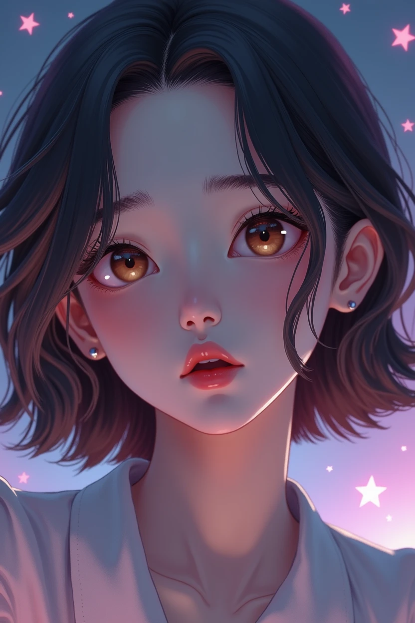 A portrait shot of A real realistic young woman with korean features. sleek, modern hairstyle, such as a straight bob cut or a stylish ponytail. Her expression could be confident and sharp, reflecting a strong and dynamic presence. The background is pastel purple/ dark blue with stars