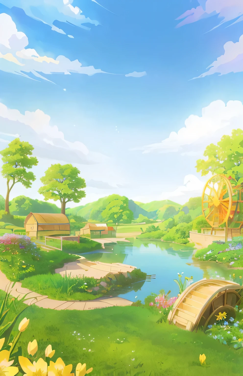 There is a cartoon，Anime rural scenery, Park Background, sunny Park Background, Farm Background, A beautiful artistic illustration, background technology, Garden Background, Whimsical fantasy landscape art, Sunny summer days, Landscape ArtworkThere is a cartoon，Fairy tale style background, Anime rural scenery, Park Background, sunny Park Background, Farm Background, A beautiful artistic illustration, background technology, Garden Background, Whimsical fantasy landscape art, Beautiful landscape background, Detailed scenery —width 672, Fantasy Background, Sunny summer days, Landscape Artwork，spring flower， outdoors， sky， day， cloud， water， tree， phi_humans， grass， scenery， yellow_flower，Adding details，Clarity Enhancement，Landscape shots(Vision)，