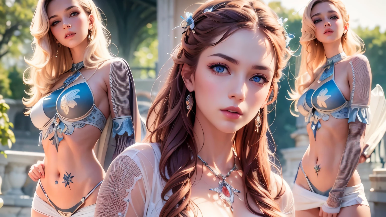 best quality,4k,8k,highres,masterpiece:1.2,ultra-detailed,realistic:1.37,detailed eyes,detailed lips,extremely detailed eyes and face,long eyelashes,aerith face,elsa face,2 girls,different hair colors,different outfits,beautiful girls,beautiful slender body, strong expressions,natural lighting,vivid colors,soft pastel tones, open mouth