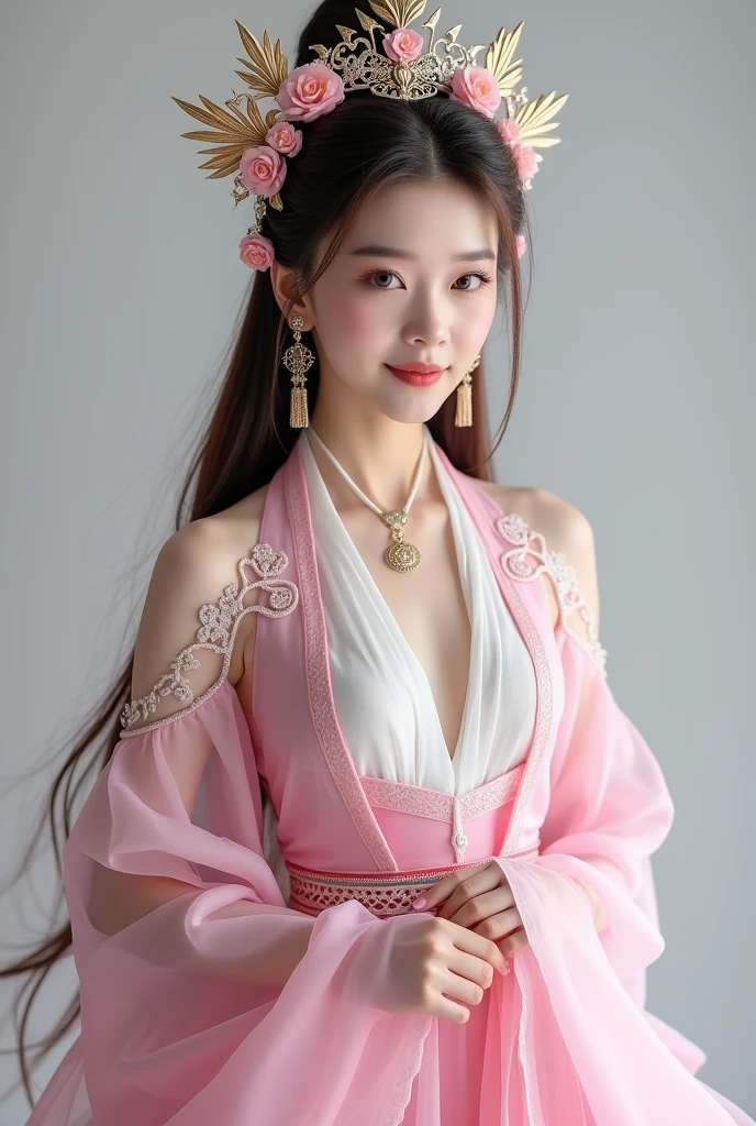 Photo of a woman in a pink and white costume, ancient chinese game costume, transparent, thin fabric, layered, long sleeve, flowy, kimono, chinese_clothes, low cut, moderately large breasts, liu yifei, Phoenix crown, crown with many accessories and flowers, hair stick, luxury, aristocracy, royalty, (delicate, gentle pose), pose for photo, (((beautiful eyes))), meticulous makeup, curled eyelashes, ((looking at viewer)), light smile, no background, professional photographer studio lighting, (cosplay character game), ((((((full body))))), (((wide angle))), three of kingdoms, the wind makes the hair fly, (((the brown hair is thick, long and fluttering))), ((photo-realistic skin with visible pores and blemishes)), masterpiece, best quality, 8k, (raw photo:1.2),((photorealistic:1.4)), ultra-detailed, highres, extremely detailed